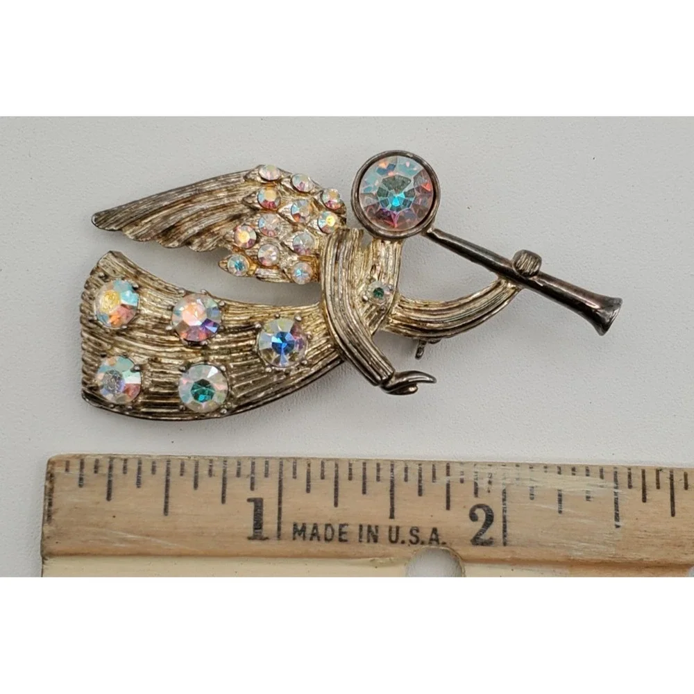 Vtg Gold Tone Eisenberg Ice Aurora Borealis Angel & Trumpet Brooch Pin